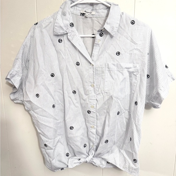 Madewell Peace Sign Embroidered Blue Stripe Short Sleeve Tie Front Top Blouse M - Picture 4 of 7